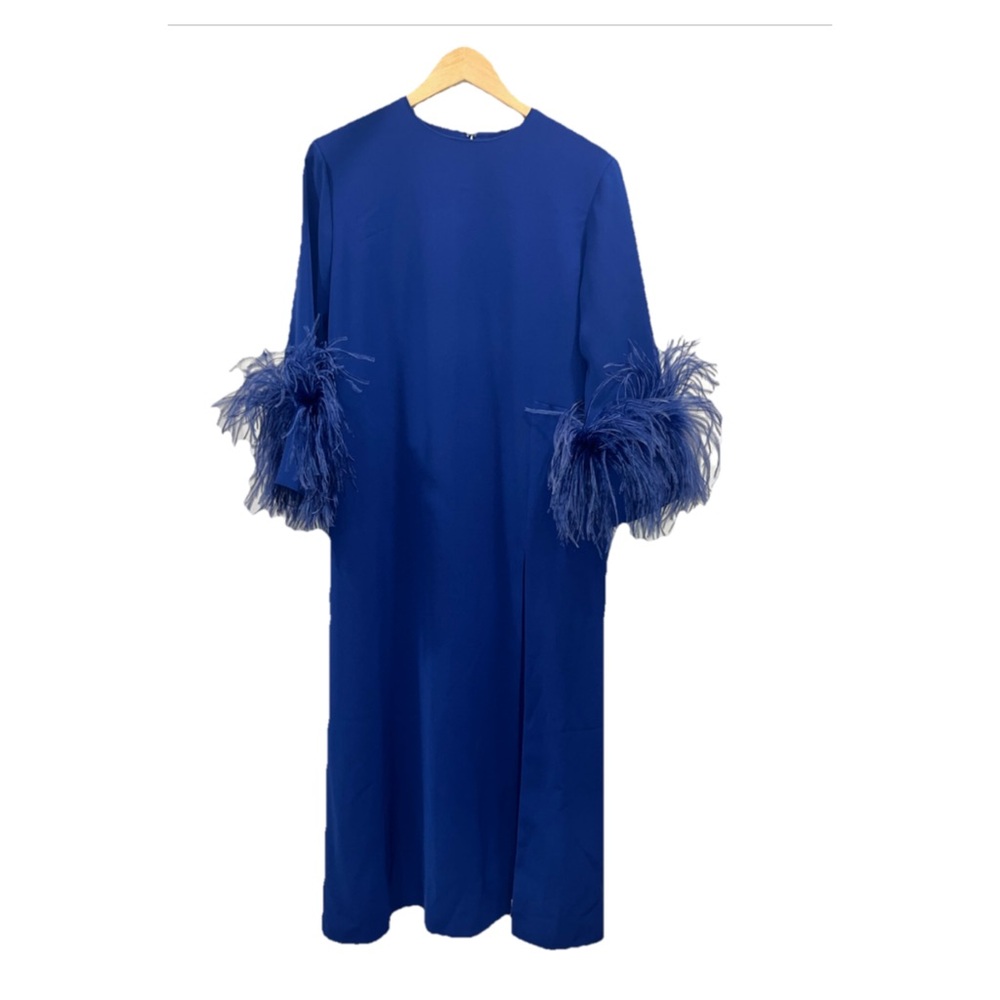 16arlington Blue Midi Dress Feather Trim 6 Wedding Guest Cocktail Formal Nwt — image 4 of 8